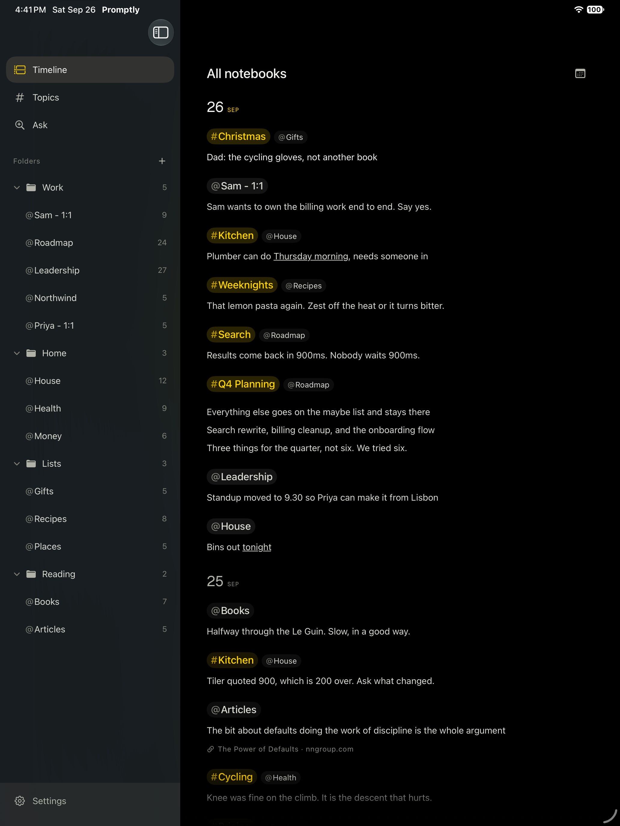 Promptly on iPad: folders and notebooks down the side, the document beside them.