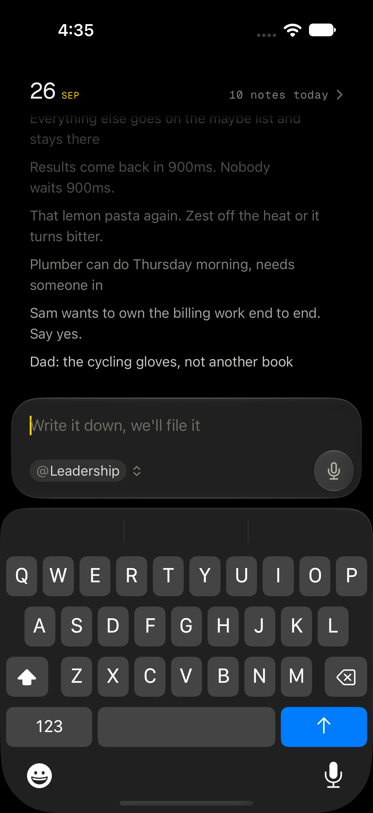The Promptly capture screen: one writing field above the day's notes.