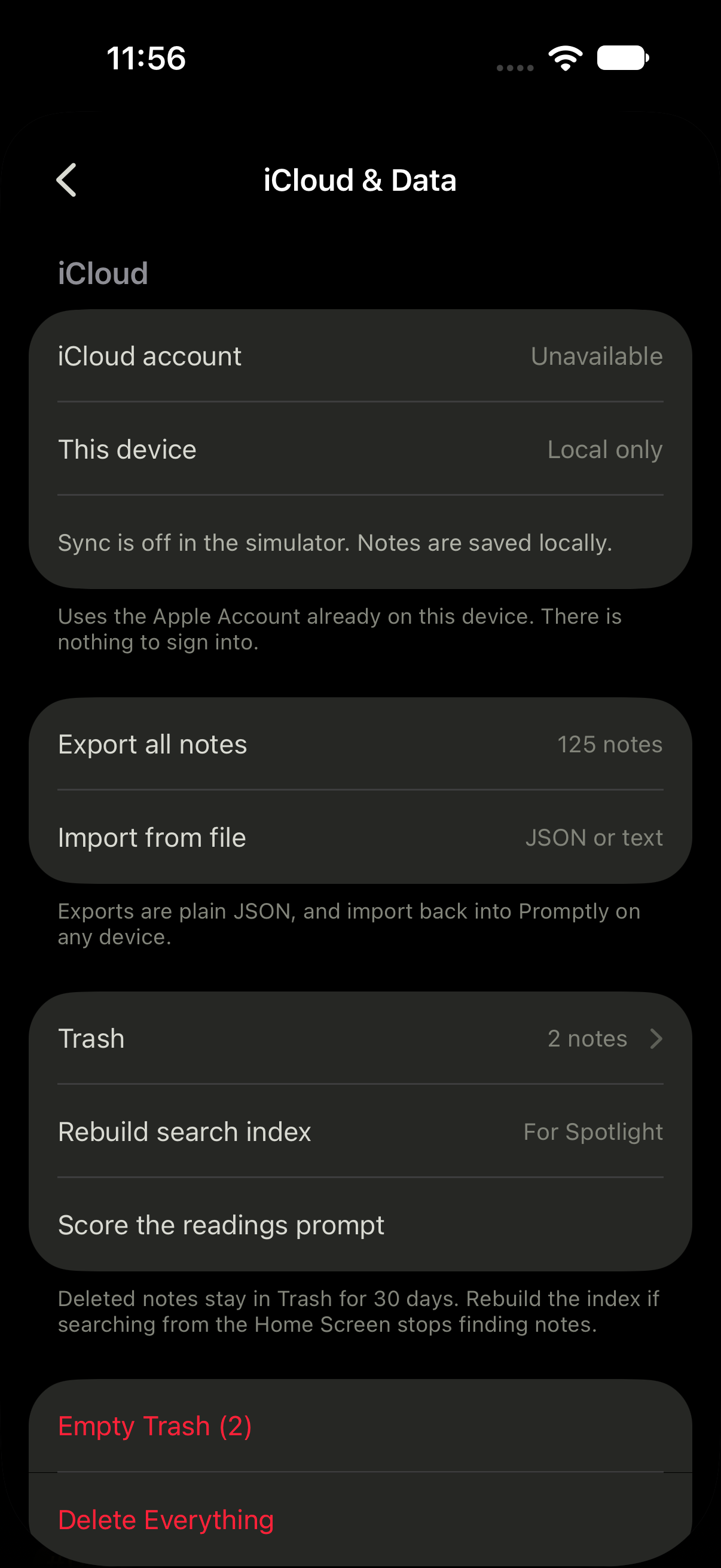 The iCloud and Data settings: export all notes, import from a file, trash, and rebuild the search index.