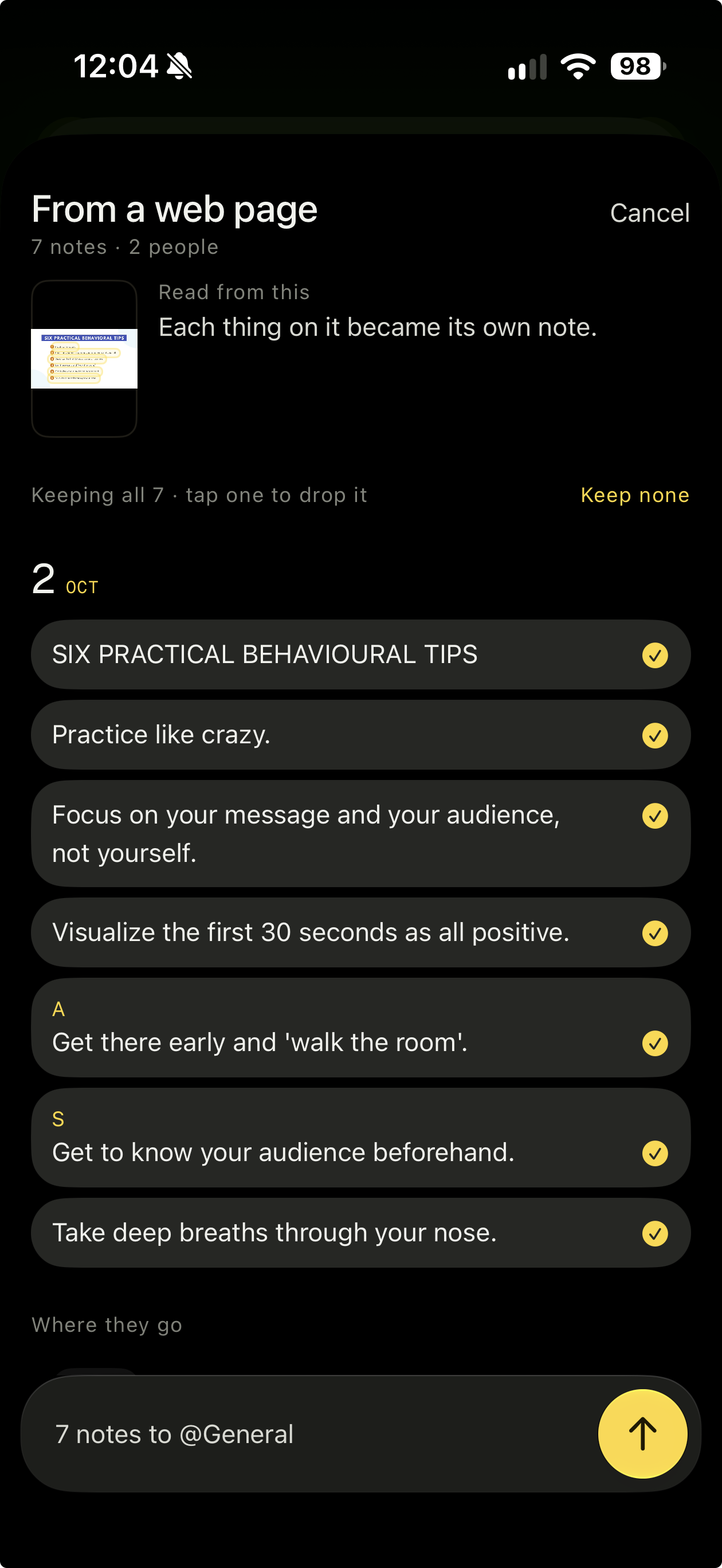 A screenshot read into seven separate notes, each with a tick beside it, and a line saying the seven will go to the General notebook.