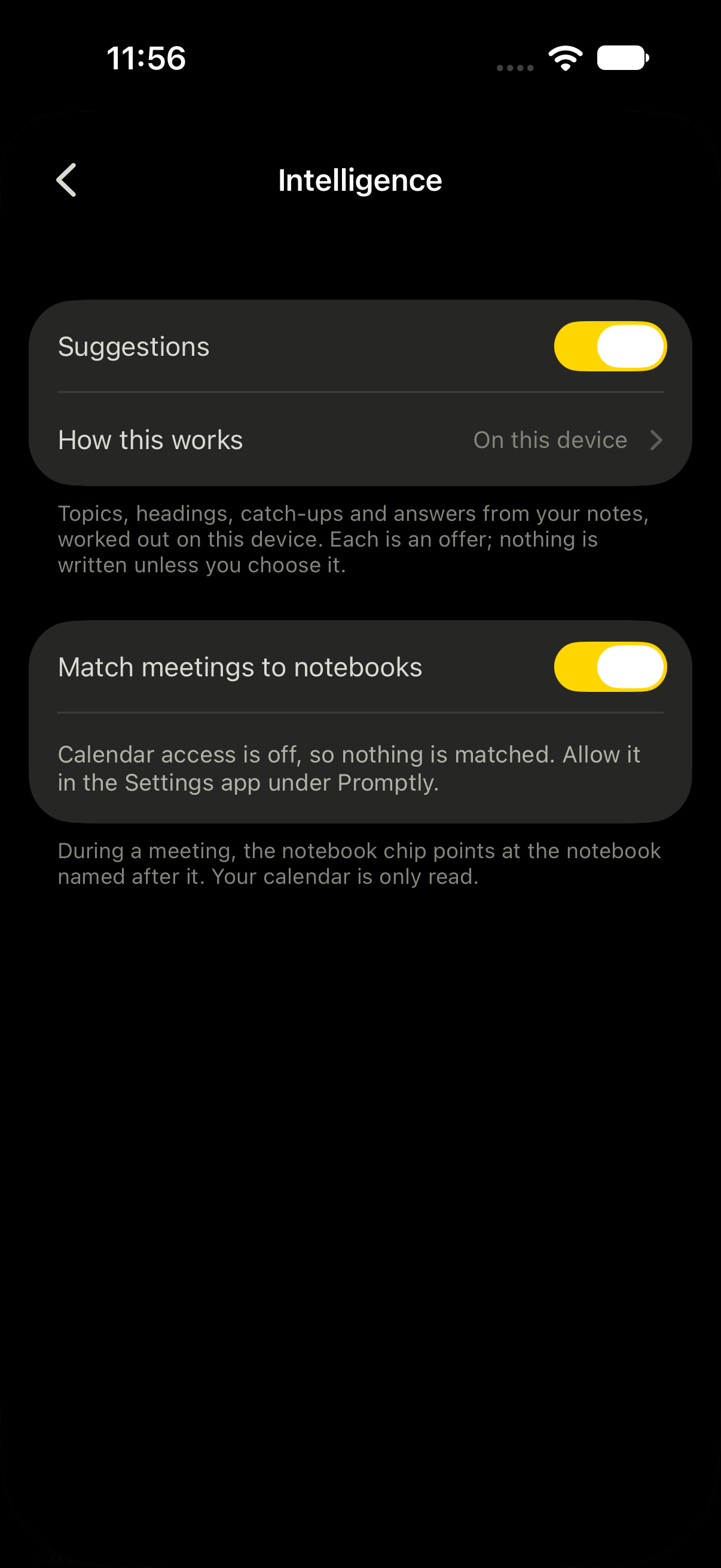 The Intelligence settings: suggestions worked out on this device, and matching meetings to notebooks, with calendar access off.