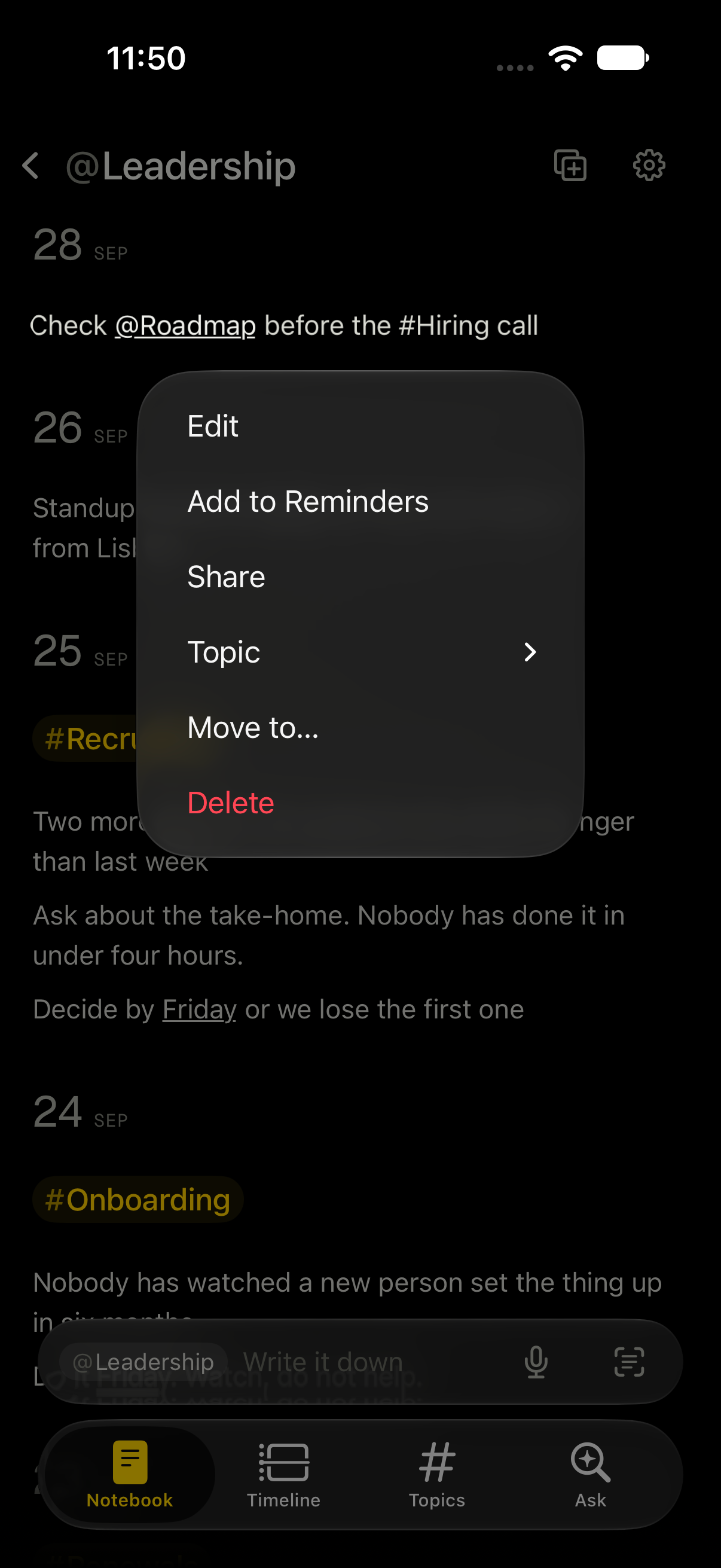 A note held down, offering Edit, Add to Reminders, Share, Topic, Move to and Delete.