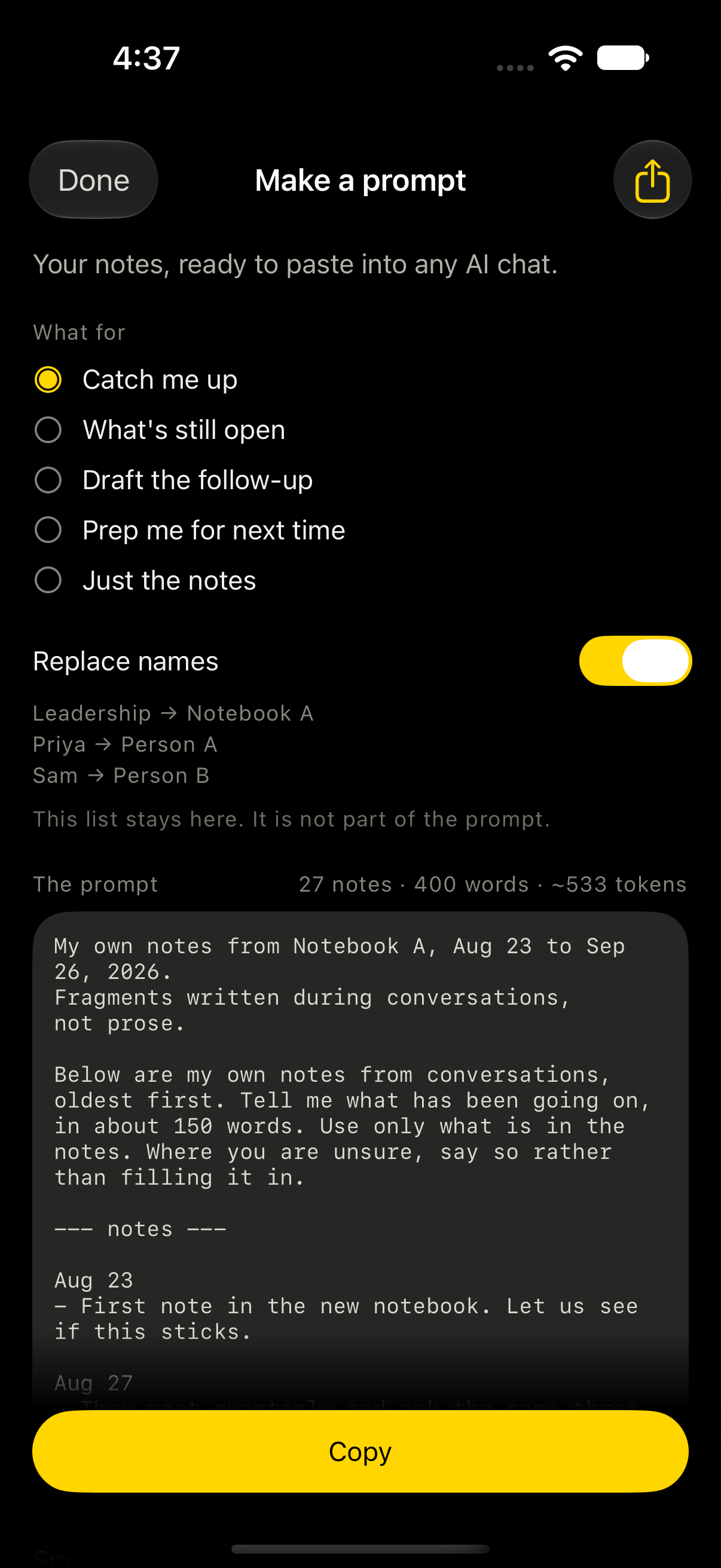 The Make a prompt screen, showing prompt types, a name-replacement switch and the full prompt text.