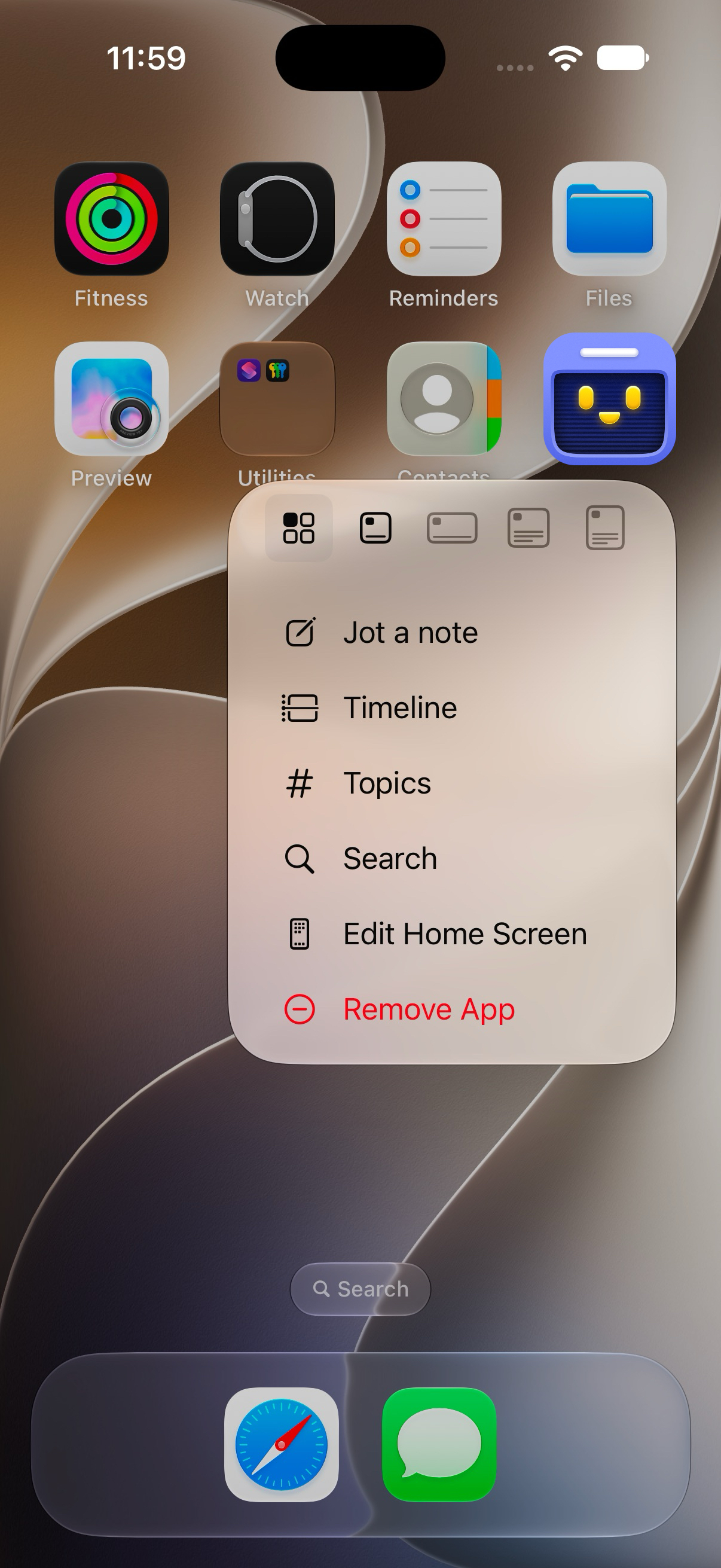 The Promptly icon held down on the home screen, offering Jot a note, Timeline, Topics and Search.