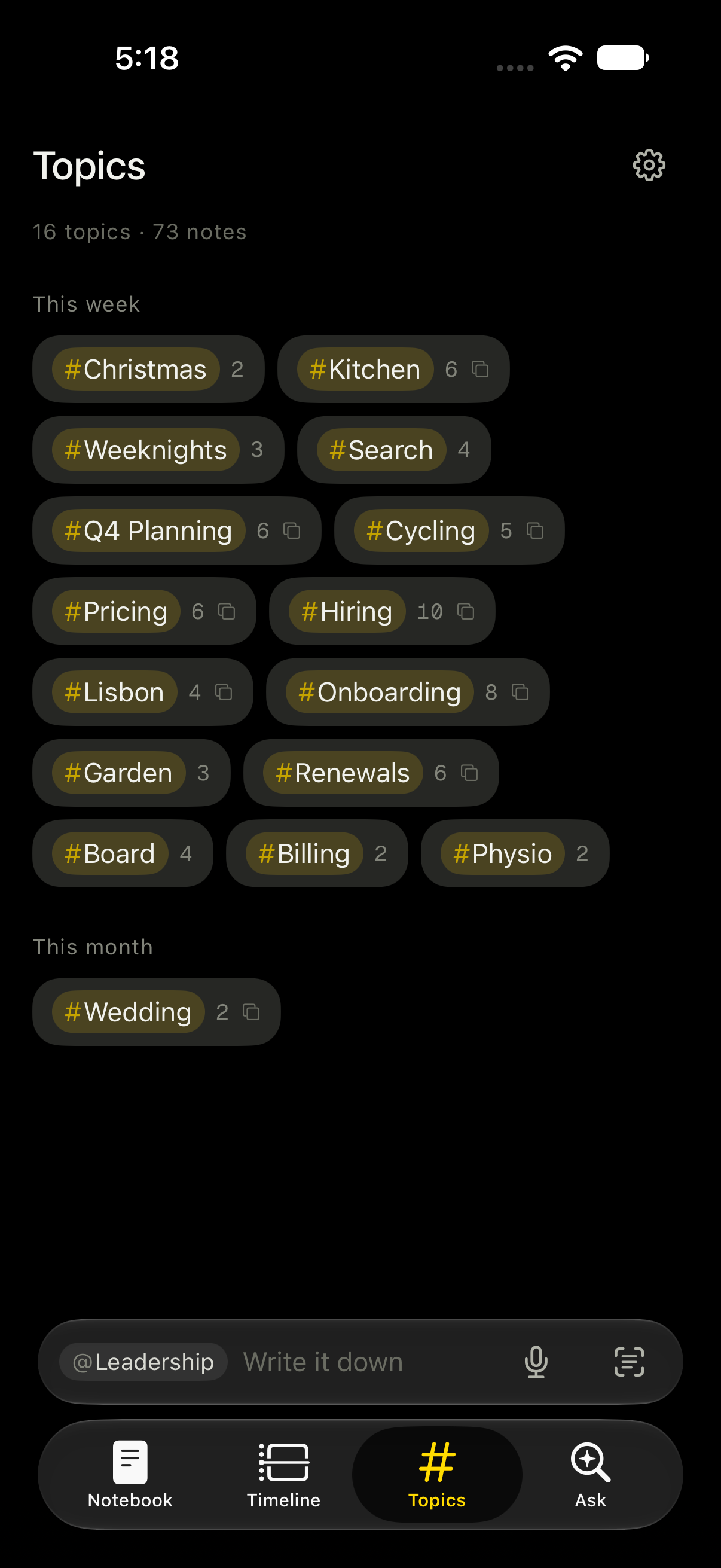 The Topics screen: sixteen topics across seventy-three notes.