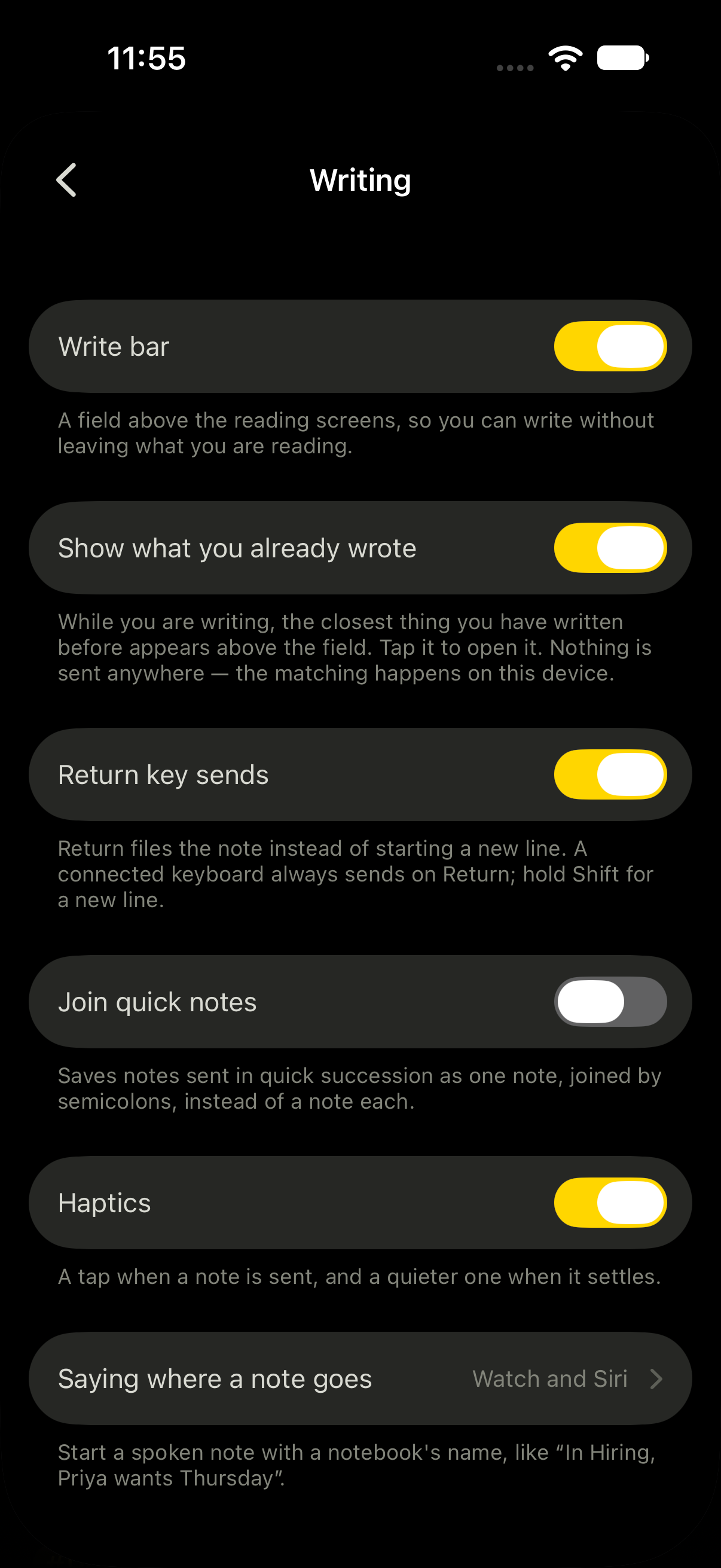 Promptly's Writing settings: switches for the write bar, showing what you already wrote, the return key sending, joining quick notes and haptics.
